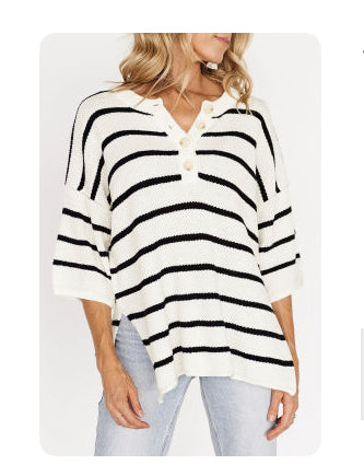 Stripped Henley buttoned