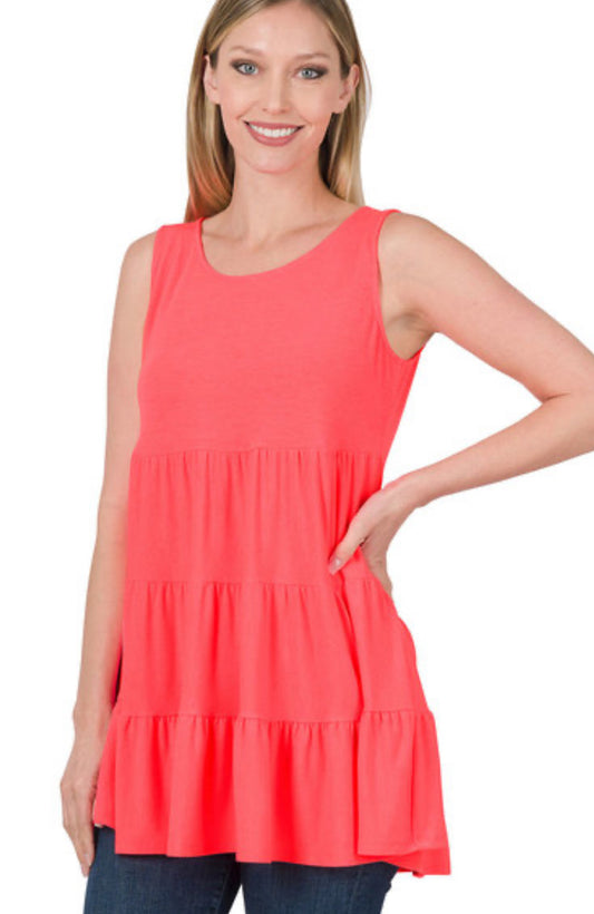 Tiered Ruffle Tunic Tank Coral